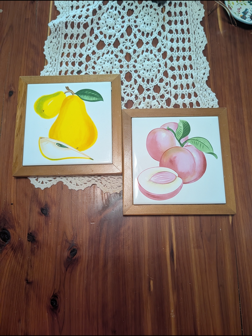 Fruit Tile Wall Art Pair - Pear and Peach in Wood Frames Cottage Core